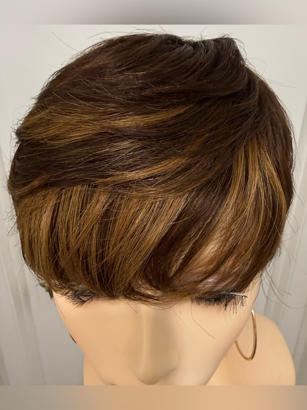 💯% HUMAN Hair Pixie Cut with Bangs, Dark Brown Highlighted